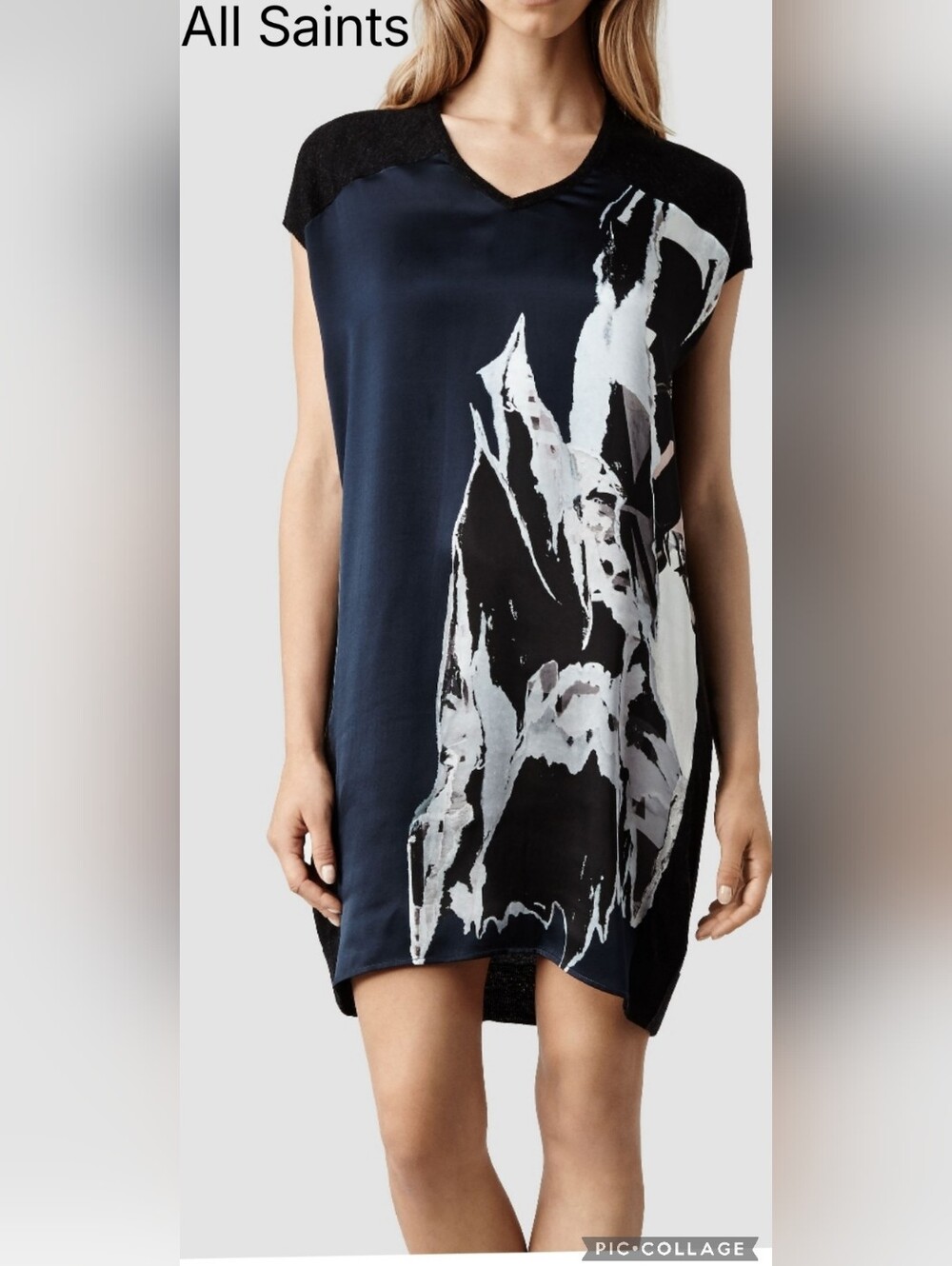 All Saints Navy & White Abstract Silk-Front Tunic Dress In Merino Sz S Like New